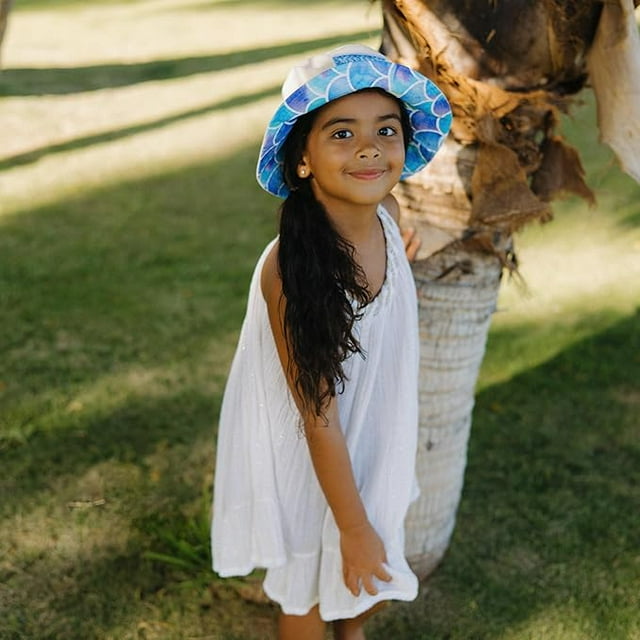 Kids Reversible Bucket Hat with Mermaid Print, for Girls, Packable Fun & Cool Beach UPF 50+ Sun Protection Bucket Hat - Ages 2-13 Years