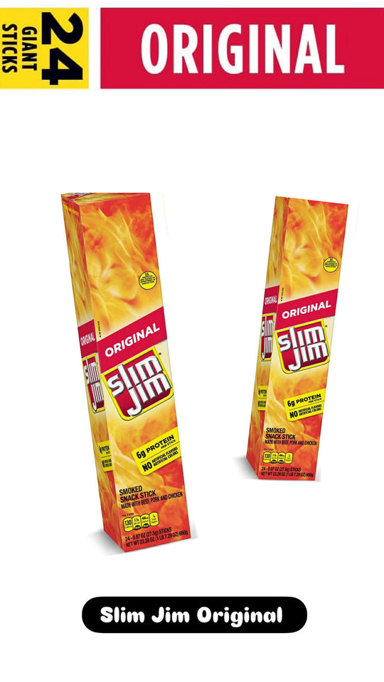Slim Jim Giant Original Flavor Smoked Meat Sticks 24 Count 6g Protein Snack - 2 Pack