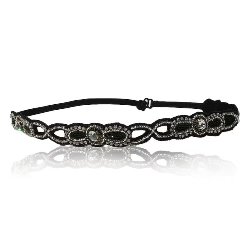 Great Gatsby Headband In Black with Diamond Accent Gatsby Flapper 1920's Rhinestone and Beaded Headband. Adjustable Band to Fit Any Head.
