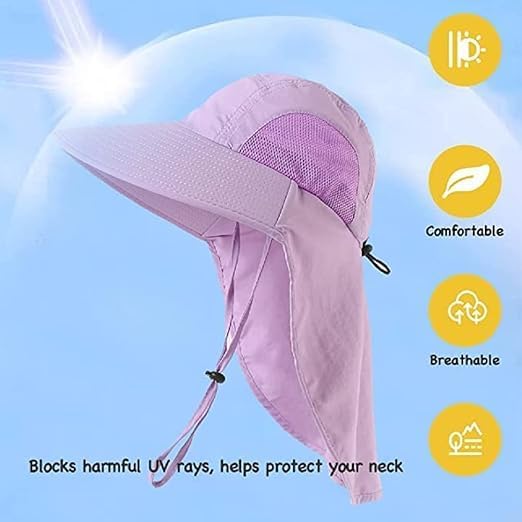 Kids Sun Hat for Boys Girls UPF 50+ UV Toddler Sun Protection with Neck Flap Adjustable Large Brim Beach Fishing Hat for Age 3-12 Violet