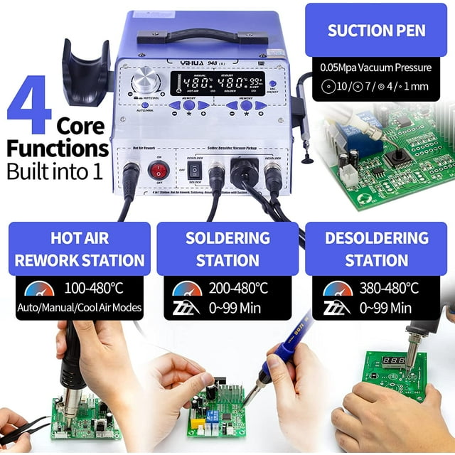 YIHUA 948-II 4 in 1 Hot Air Rework Soldering Iron and Desoldering Suction Tin Gun Station with Suction Pick Up Pen F / C