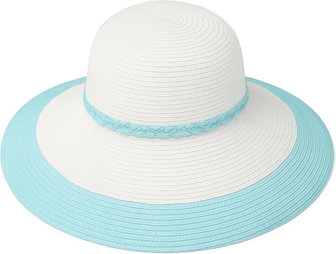 Women’s Wide Brim Sun Hat – White Straw Beach Hat with Light Blue Brim & Braided Band – Foldable Packable Summer Hat for UV Protection