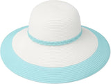Women’s Wide Brim Sun Hat – White Straw Beach Hat with Light Blue Brim & Braided Band – Foldable Packable Summer Hat for UV Protection
