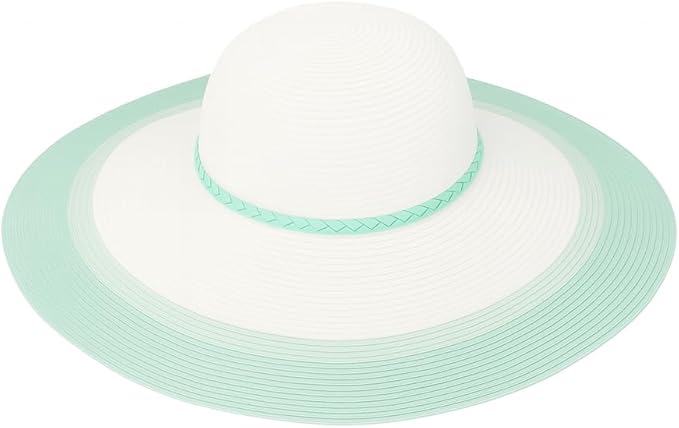 Women’s Wide Brim Sun Hat – White Straw Beach Hat with Aqua Green Brim & Braided Band – Foldable Packable Summer Hat for UV Protection