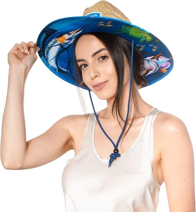 Malabar Hat Feeding Frenzy Fabric Pattern Print Straw Sunhat Men & Women, Lifeguard Hat, Swim, Paddle Board, Boat, Fishing, Fits All