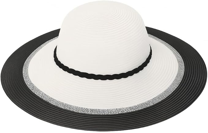 Women’s Wide Brim Sun Hat – White Straw Beach Hat with Black Brim & Braided Band – Foldable Packable Summer Hat for UV Protection