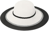 Women’s Wide Brim Sun Hat – White Straw Beach Hat with Black Brim & Braided Band – Foldable Packable Summer Hat for UV Protection