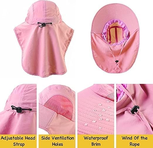 Kids Sun Hat for Boys Girls UPF 50+ UV Toddler Sun Protection with Neck Flap Adjustable Large Brim Beach Fishing Hat for Age 3-12 Pink