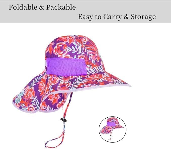 Kids Purple & red Hibiscus Sun Hat for Boys Girls UPF 50+ UV Toddler Sun Protection with Neck Flap Adjustable Large Brim Beach Fishing Hat for Age 3-12