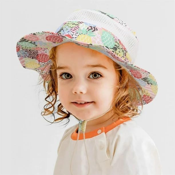 Kids Reversible Bucket Hat with Pineapple Print, for Boys & Girls Packable Fun & Cool Beach UPF 50+ Sun Protection Bucket Hat - Ages 2-13 Years