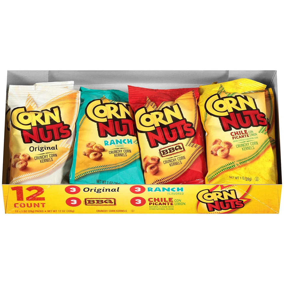 Corn Nuts Original, Ranch, BBQ, Chile Picante con Limon Crunchy Corn Kernels Variety Pack (12 Cases of 12 Bags)