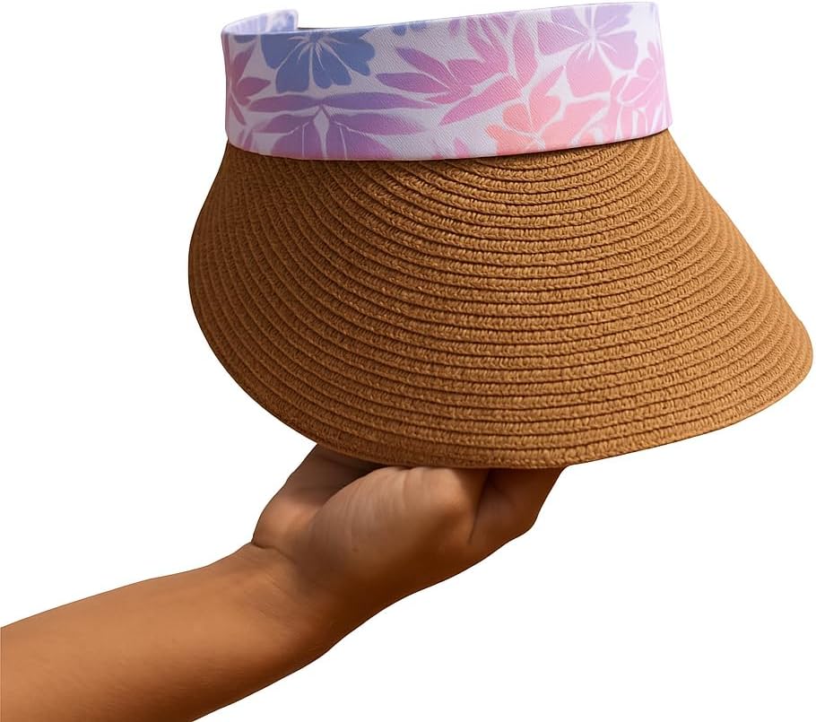 Women's Wide Brim Straw Visor Hat with Printed hat Band