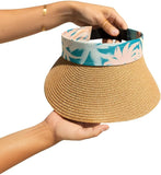 Women's Wide Brim Straw Visor Hat with Tall Palm Print Band