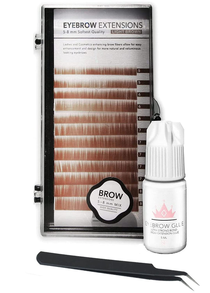 Eyebrow Extensions Kit with 1 x Trays of Mink Eyebrows in Blonde/Light Brown Comes on Mixed Length Trays 5-8 Mm Mix, Eyebrow Extension Glue Clear & Extension Tweezers (Light Brown, Black Tweezer)