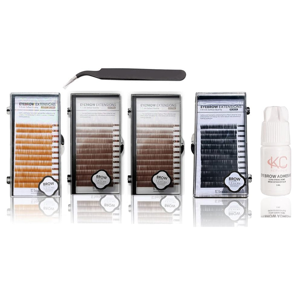 Eyebrow Extensions Kit with 4 Trays of Mink Eyebrows in Light Brown, 2 Brown, Black, Comes on Mixed Length Trays 5-8 Mm Mix, Eyebrow Extension Glue & Extension Tweezers