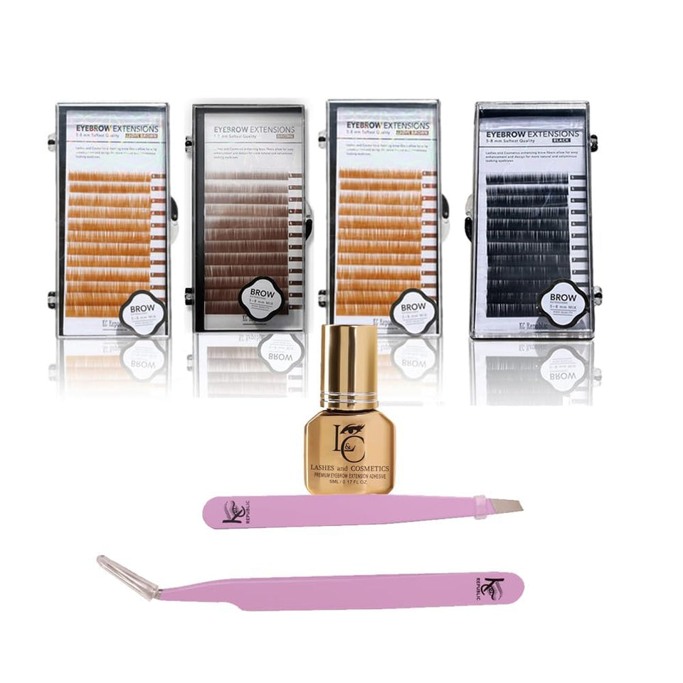 Eyebrow Extensions Premium Kit with 4 Trays of Mink Eyebrows in 2 Light Brown, Brown, Black, Comes on Mixed Length Trays 5-8 Mm Mix, Eyebrow Premium Glue & Extension Tweezers
