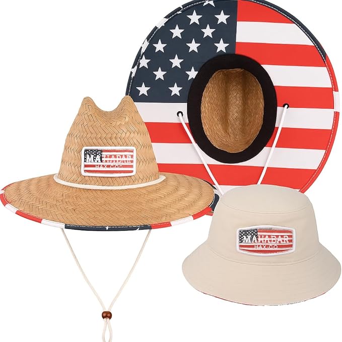 Parent-Child Matching American Flag Sun Hat Set – Adult Straw Lifeguard Hat + Kids Reversible Bucket Hat, UPF 50+ Sun Protection – Family Beach & Travel Combo for Ages 3+