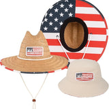 Parent-Child Matching American Flag Sun Hat Set – Adult Straw Lifeguard Hat + Kids Reversible Bucket Hat, UPF 50+ Sun Protection – Family Beach & Travel Combo for Ages 3+