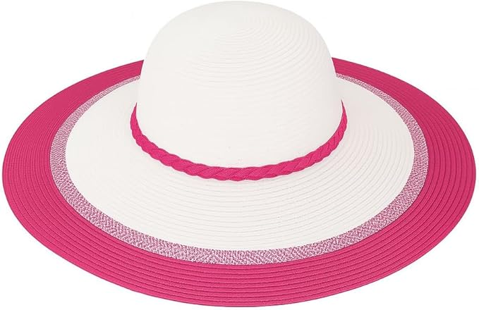 Women’s Wide Brim Sun Hat – White Straw Beach Hat with Pink-Blue Brim & Braided Band – Foldable Packable Summer Hat for UV Protection