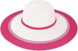 Women’s Wide Brim Sun Hat – White Straw Beach Hat with Pink-Blue Brim & Braided Band – Foldable Packable Summer Hat for UV Protection