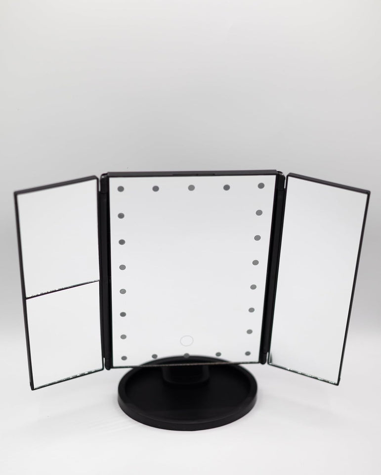 Tabletop Mount Trifold Lighted Vanity Mirror with 22 LED Lights, Touch Screen and 3X/2X Magnification, Two Power Supply Mode Make up Mirror, Travel Mirror