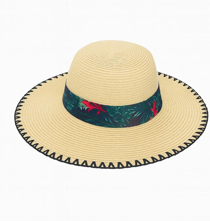 Floppy Synthetic Women’s Wide Brim Straw Sun Hat with Palm Leaf Band – Foldable Summer Beach Hat for UV Protection