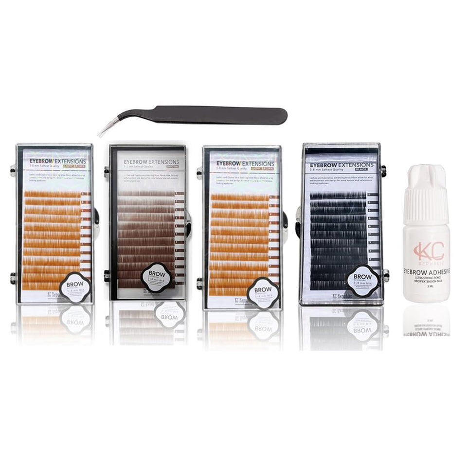 Eyebrow Extensions Kit with 4 Trays of Mink Eyebrows in 2 Light Brown, Brown, Black, Comes on Mixed Length Trays 5-8 Mm Mix, Eyebrow Extension Glue & Extension Tweezers