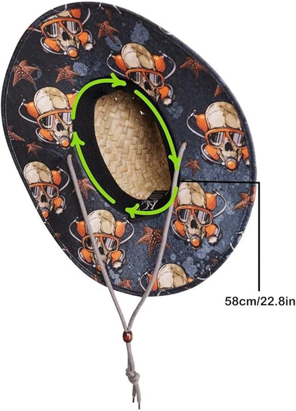 Diver Skull Fabric Pattern Print Straw Kids Sunhat, Ages 3+, Lifeguard Hat, Beach, Swim, Cruise, Paddle Board, Boat, Fishing, Fits All, Malabar Hat