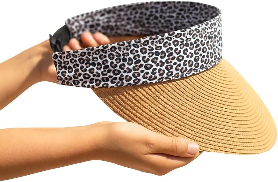 Women's Wide Brim Straw Visor Hat with Printed hat Band