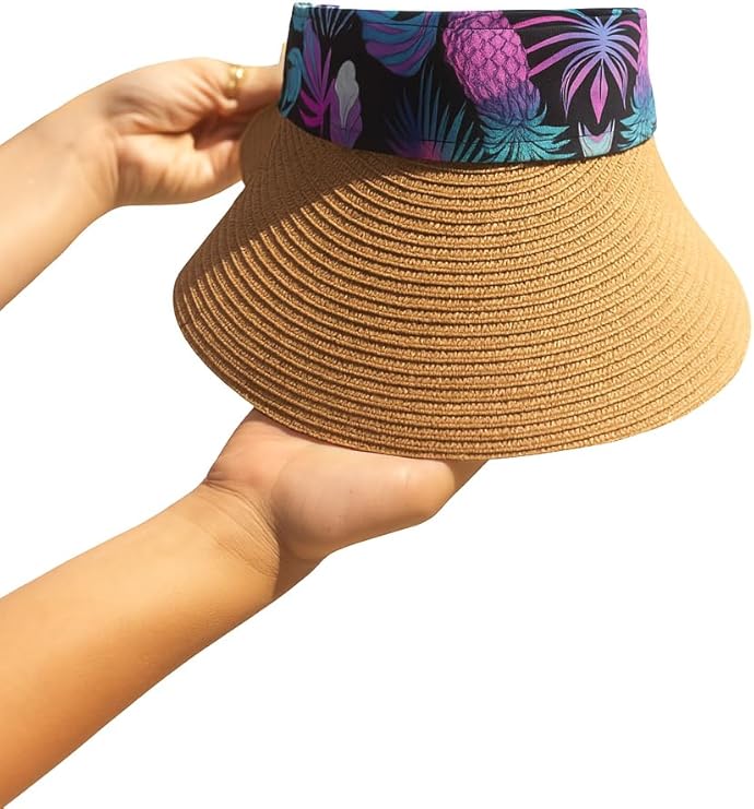 Women's Wide Brim Straw Visor Hat with Printed hat Band