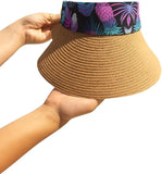 Women's Wide Brim Straw Visor Hat with Printed hat Band
