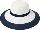 Women’s Wide Brim Sun Hat – White Straw Beach Hat with Navy Brim & Braided Band – Foldable Packable Summer Hat for UV Protection