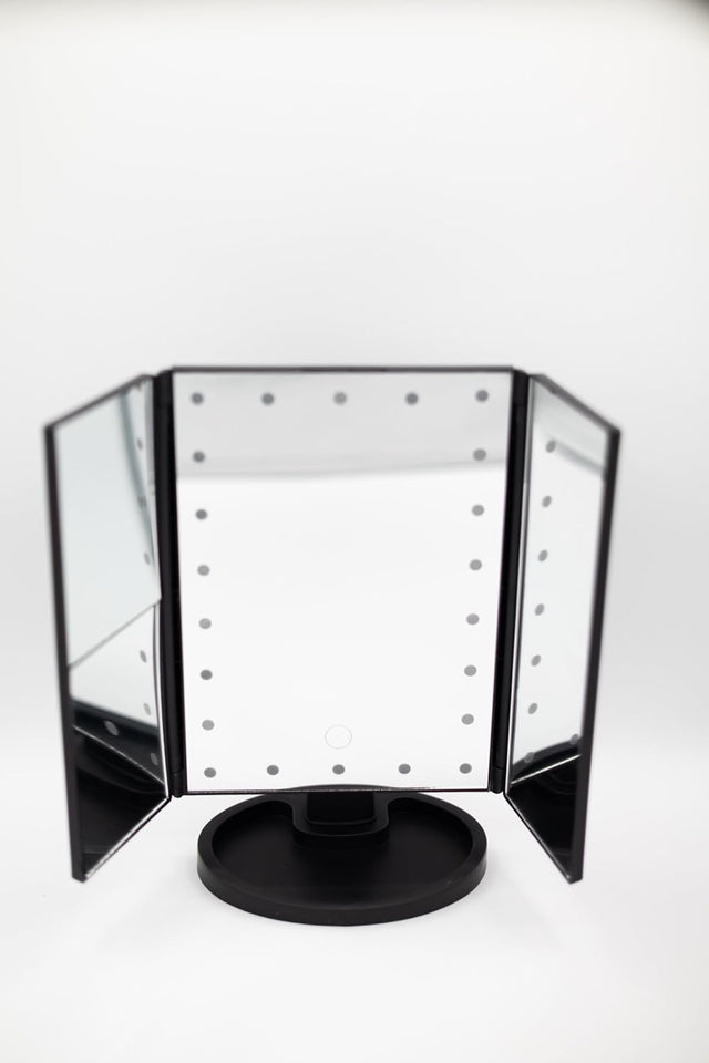 Tabletop Mount Trifold Lighted Vanity Mirror with 22 LED Lights, Touch Screen and 3X/2X Magnification, Two Power Supply Mode Make up Mirror, Travel Mirror