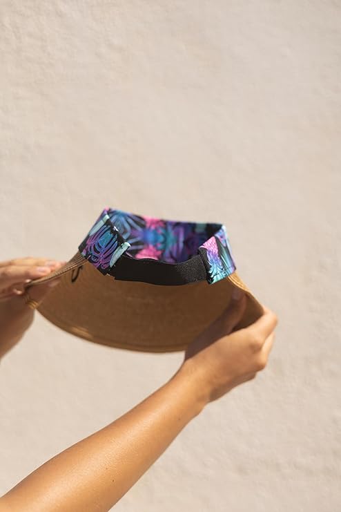 Women's Wide Brim Straw Visor Hat with Printed hat Band