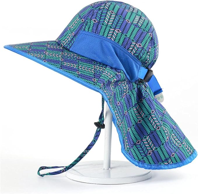 Kids Aztec Sun Hat for Boys Girls UPF 50+ UV Toddler Sun Protection with Neck Flap Adjustable Large Brim Beach Fishing Hat for Age 3-12