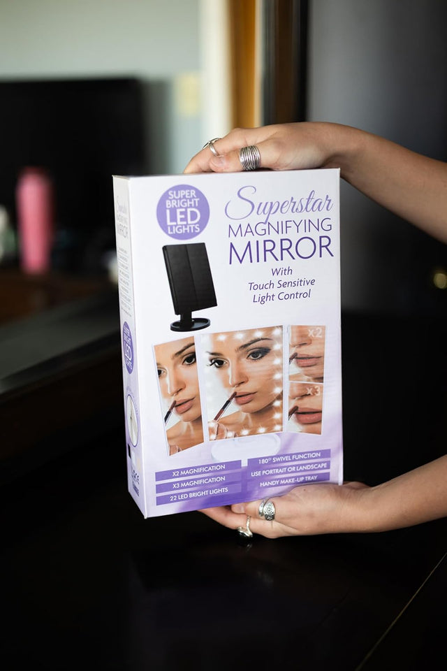 Tabletop Mount Trifold Lighted Vanity Mirror with 22 LED Lights, Touch Screen and 3X/2X Magnification, Two Power Supply Mode Make up Mirror, Travel Mirror