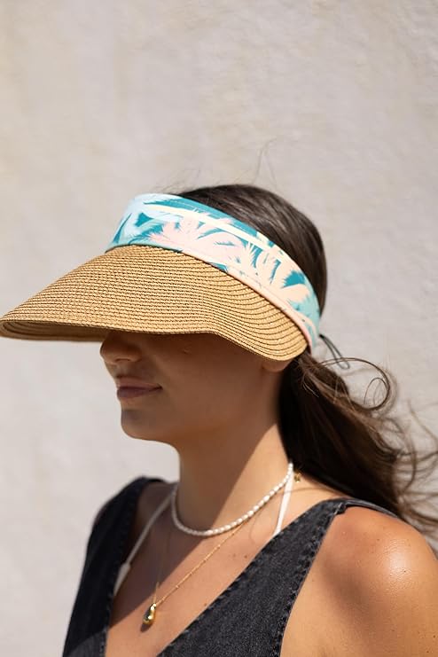 Women's Wide Brim Straw Visor Hat with Tall Palm Print Band