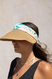 Women's Wide Brim Straw Visor Hat with Tall Palm Print Band
