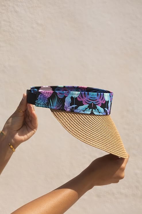 Women's Wide Brim Straw Visor Hat with Printed hat Band