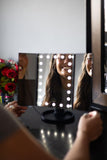 Tabletop Mount Trifold Lighted Vanity Mirror with 22 LED Lights, Touch Screen and 3X/2X Magnification, Two Power Supply Mode Make up Mirror, Travel Mirror