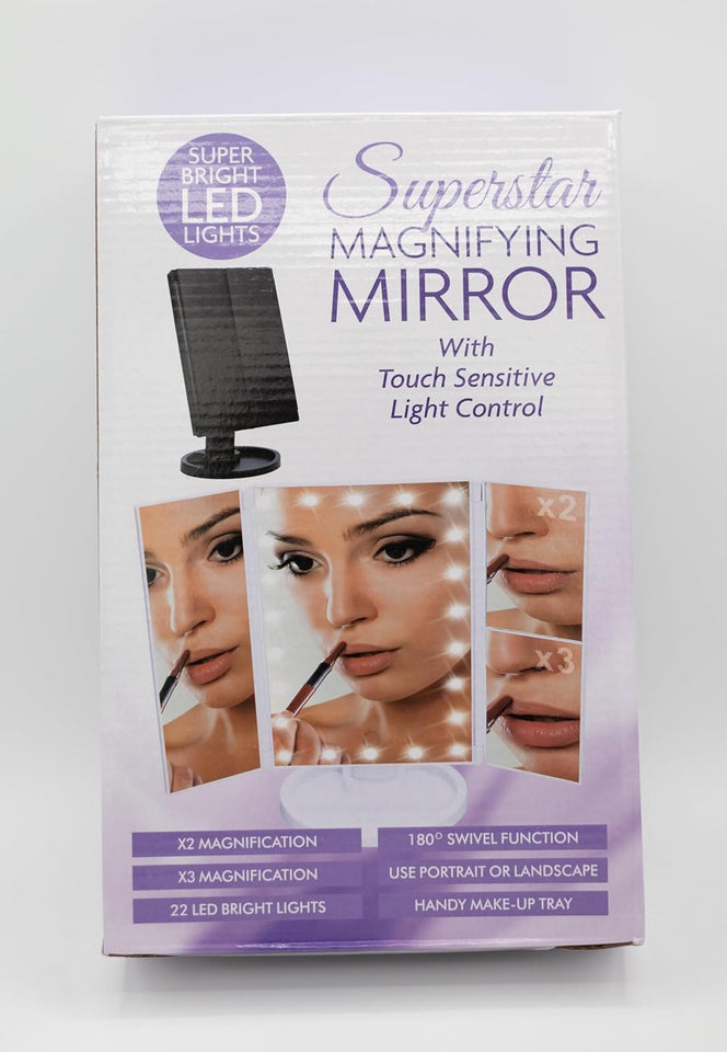 Tabletop Mount Trifold Lighted Vanity Mirror with 22 LED Lights, Touch Screen and 3X/2X Magnification, Two Power Supply Mode Make up Mirror, Travel Mirror