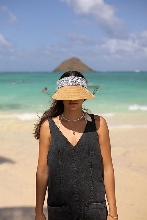 Women's Wide Brim Straw Visor Hat with Printed hat Band
