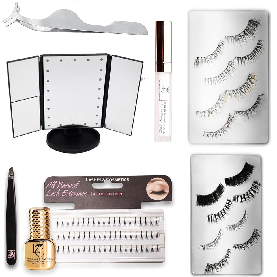 All-in-One Eyelash Extension Kit – False Lashes Set with Glue, Tweezers, LED Mirror, Lash Applicator, Strip & Cluster Lashes – DIY Natural & Glam Look