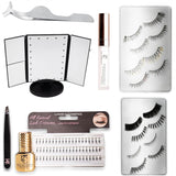 All-in-One Eyelash Extension Kit – False Lashes Set with Glue, Tweezers, LED Mirror, Lash Applicator, Strip & Cluster Lashes – DIY Natural & Glam Look