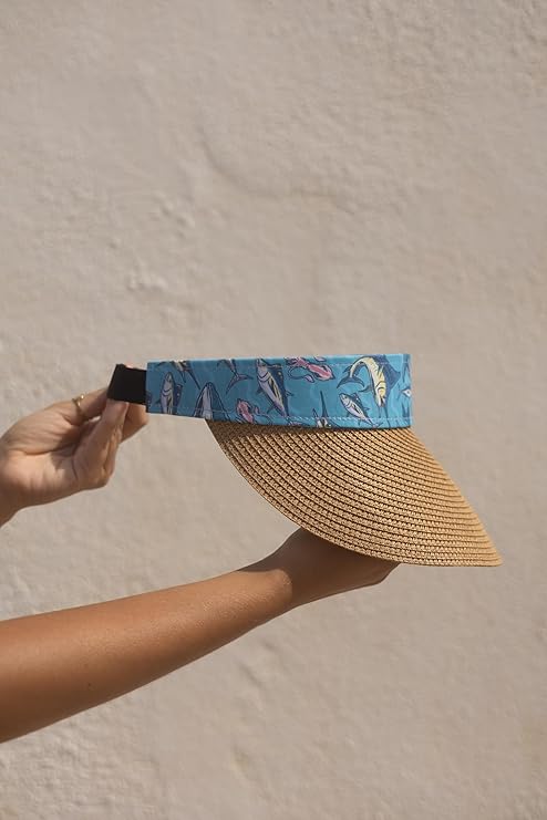 Women's Wide Brim Straw Visor Hat with Printed hat Band