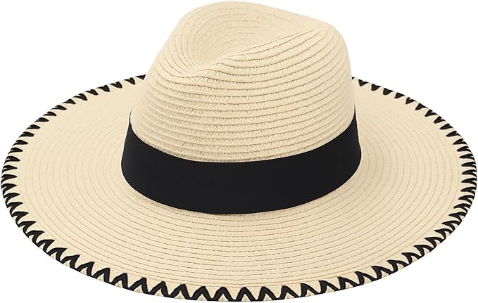 Floppy Sythetic Women’s Wide Brim Straw Sun Hat with Black Band – Foldable Summer Beach Hat for UV Protection