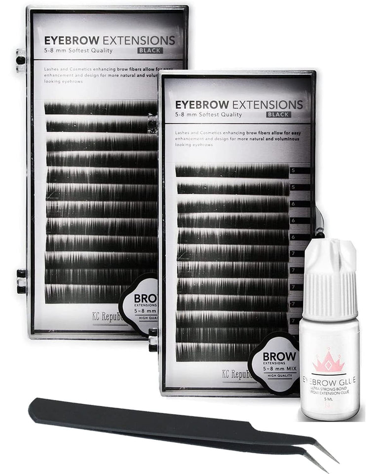 Eyebrow Extensions Kit with 2 Trays of Mink Eyebrows in Black, Eyebrow Extension Glue Clear & Extension Tweezers, Comes on Mixed Length Trays 5-8 mm Mix by KC Republic (Black 2-Pack, Black Tweezer)