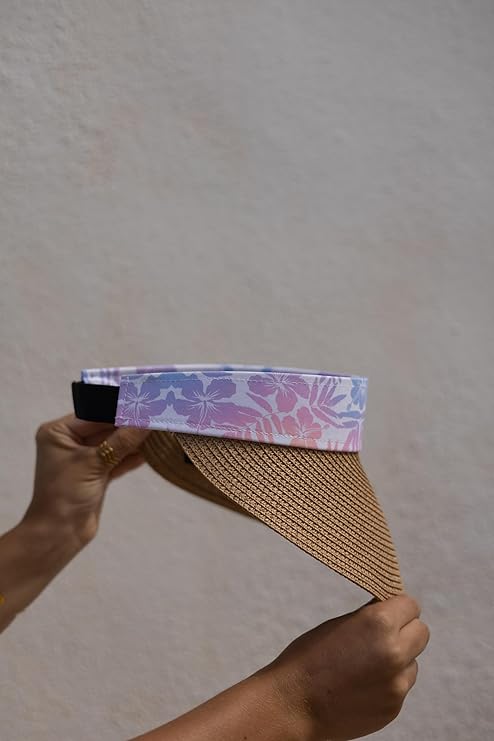 Women's Wide Brim Straw Visor Hat with Printed hat Band