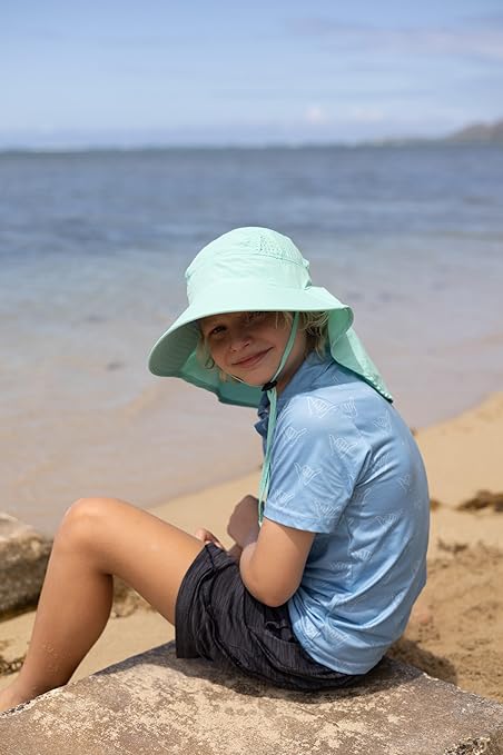 Kids Sun Hat for Boys Girls UPF 50+ UV Toddler Sun Protection with Neck Flap Adjustable Large Brim Beach Fishing Hat for Age 3-12 Aqua Blue