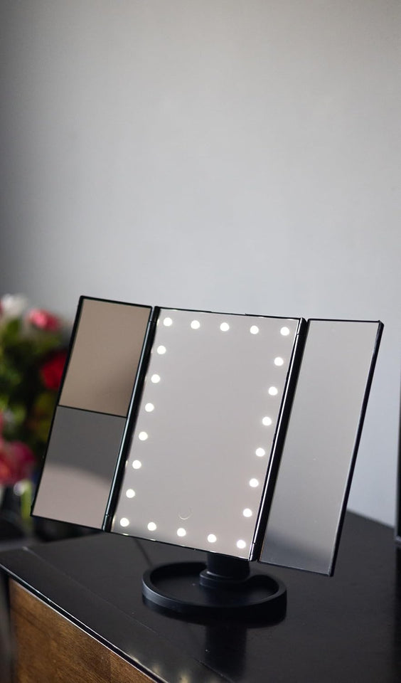 Tabletop Mount Trifold Lighted Vanity Mirror with 22 LED Lights, Touch Screen and 3X/2X Magnification, Two Power Supply Mode Make up Mirror, Travel Mirror